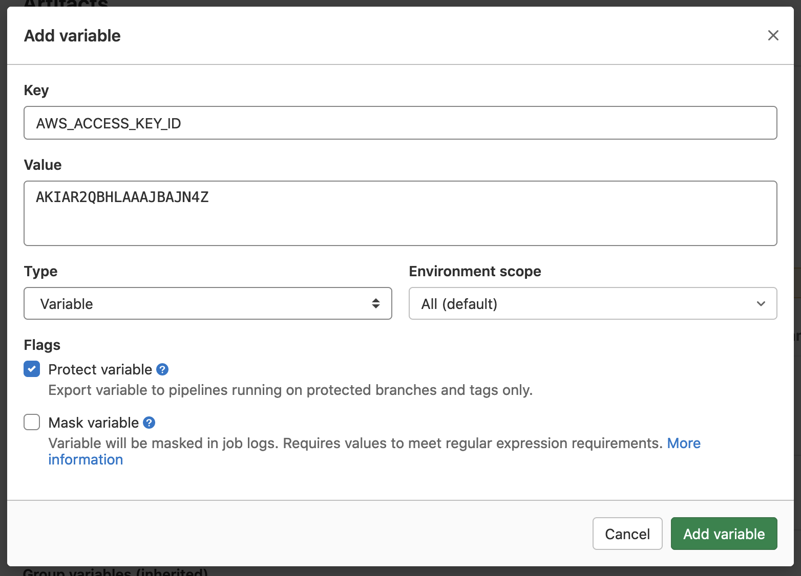 Add variables in Gitlab